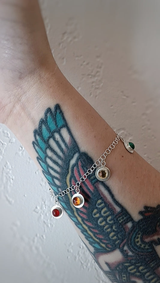 Boho style Sterling silver and raimbow gemstones tassel/coin bracelet