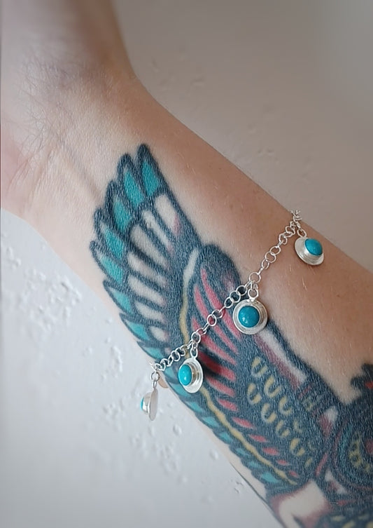 Boho style Sterling silver and turquoise tassel/coin bracelet