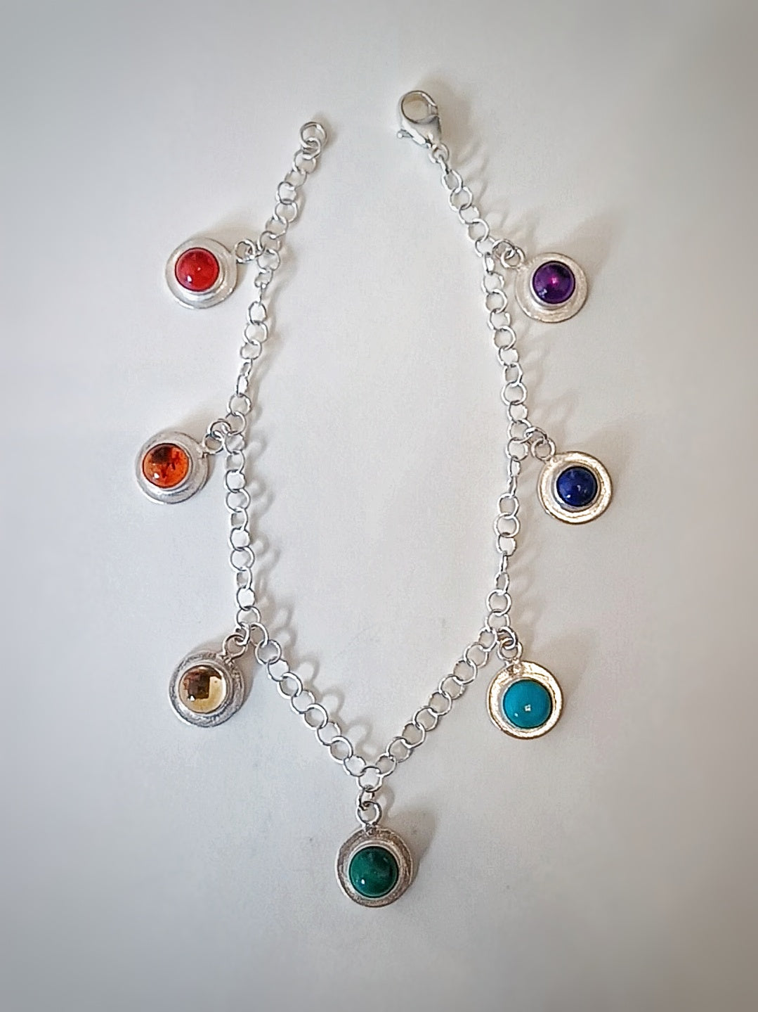 Boho style Sterling silver and rainbow gemstones tassel/coin bracelet