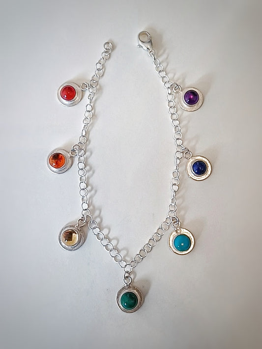 Boho style Sterling silver and rainbow gemstones tassel/coin bracelet