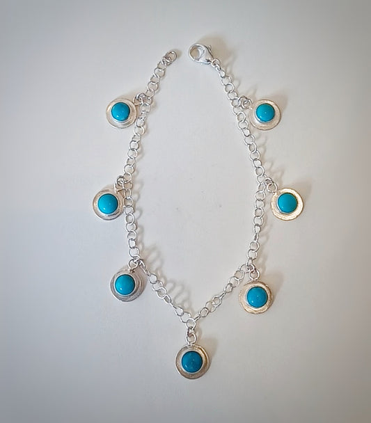 Boho style Sterling silver and turquoise tassel/coin bracelet